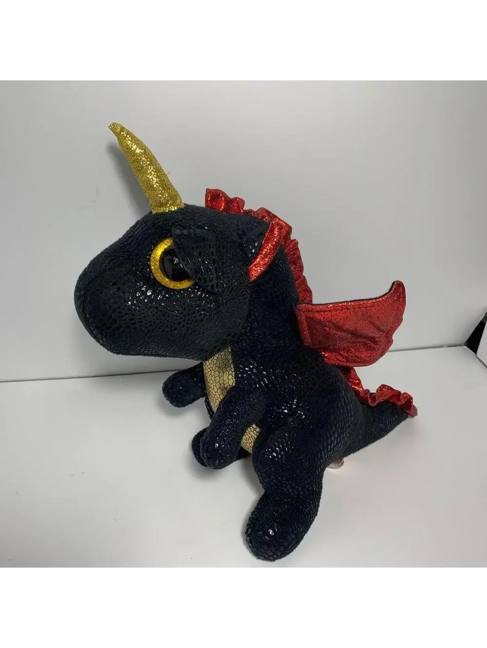 Ty Beanie Boos Grindal Dragon Plush Black Red Wings Gold Horn 12.5